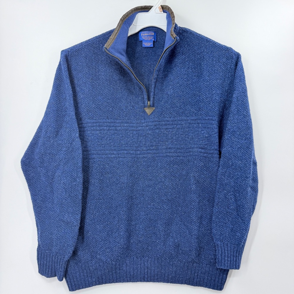 Pendleton Mens Blue 100% Shetland Wool Quarter Zip Sweater Size L Pockets